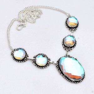 .925 Sterling Silver Handmade Rainbow Fire Topaz Cluster Necklace